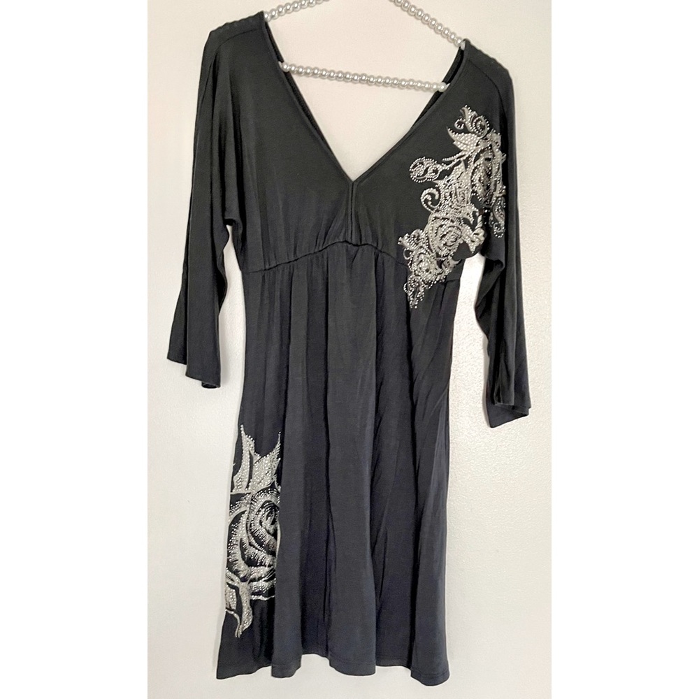 Flirty Rhinestones Bling Long Sleeves Gray Stretch Dress M